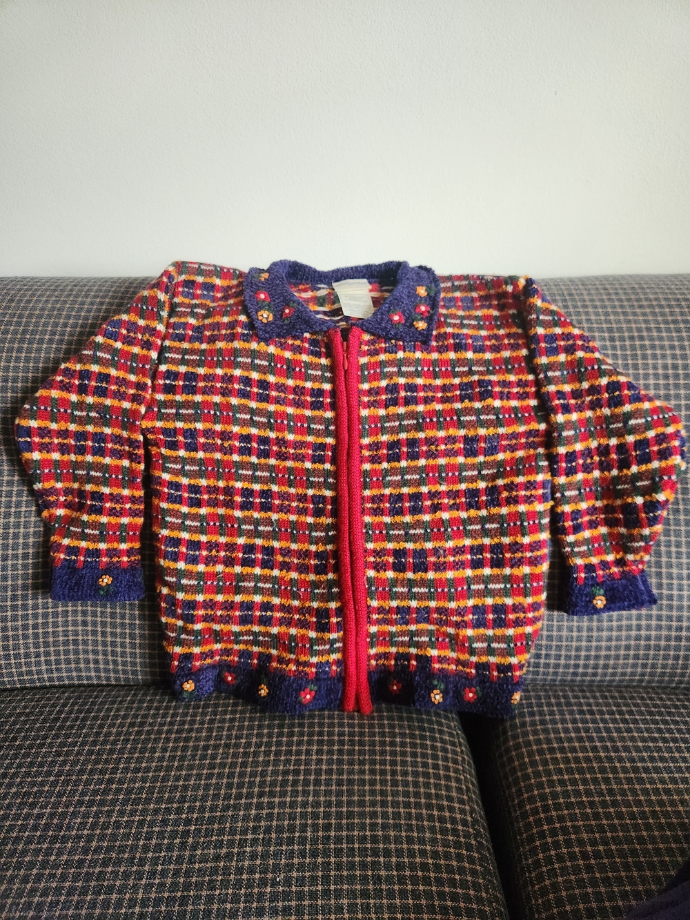Laura Ashley Red Multicolor Plaid Knit Cardigan with Navy Trim